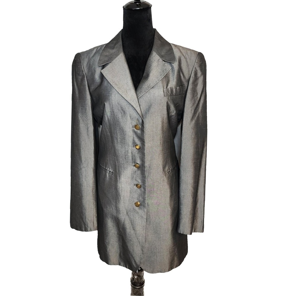 Vintage 90s RAFFINALLA Size 8 Metallic Gray Cupro Longline Blazer Jacket Office
